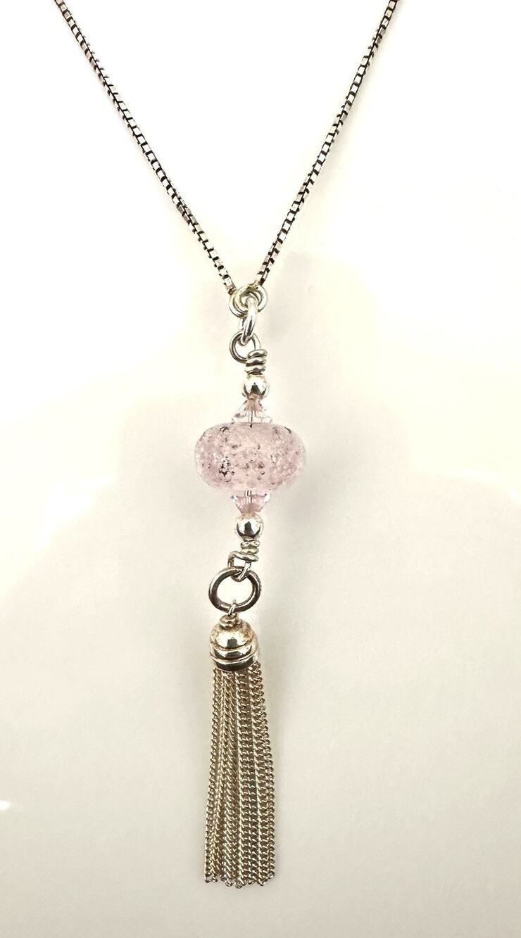 Sterling Silver 34” Adjustable Pink Lamp Work Tassel Pendant Chain Necklace